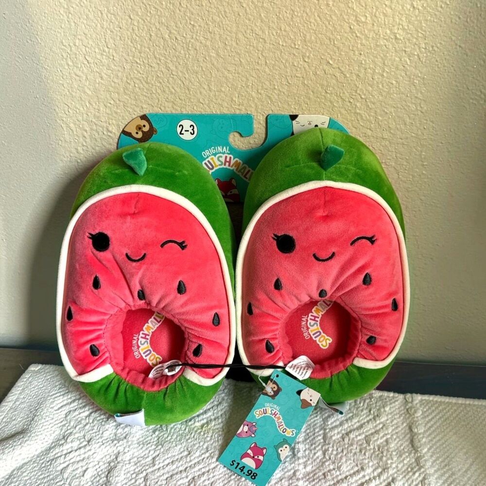 FuzzA Mallows Plush Animal Slippers Kids Size 2-3 Watermelon Cozy Soft NWT